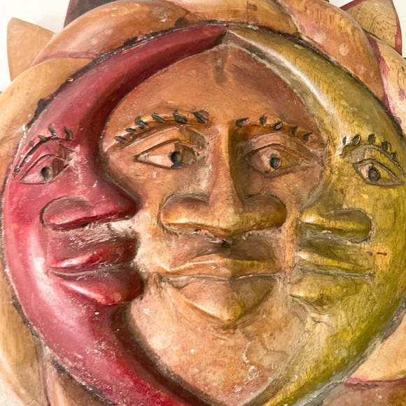 Vintage Wooden Carved Sun Moon Unity Wall Plaque 16 Inch Art - Picture 2 of 12